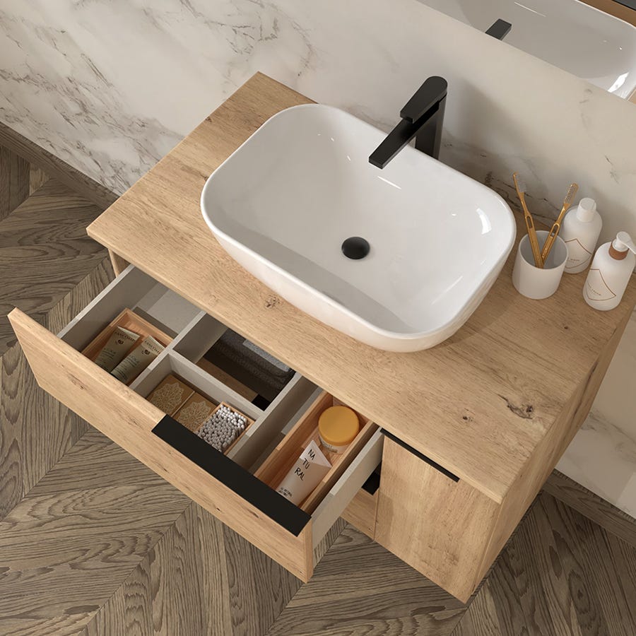 Meuble de salle de bain avec vasque à poser arrondie et miroir avec applique KING - Roble (chêne clair) - 80cm 1