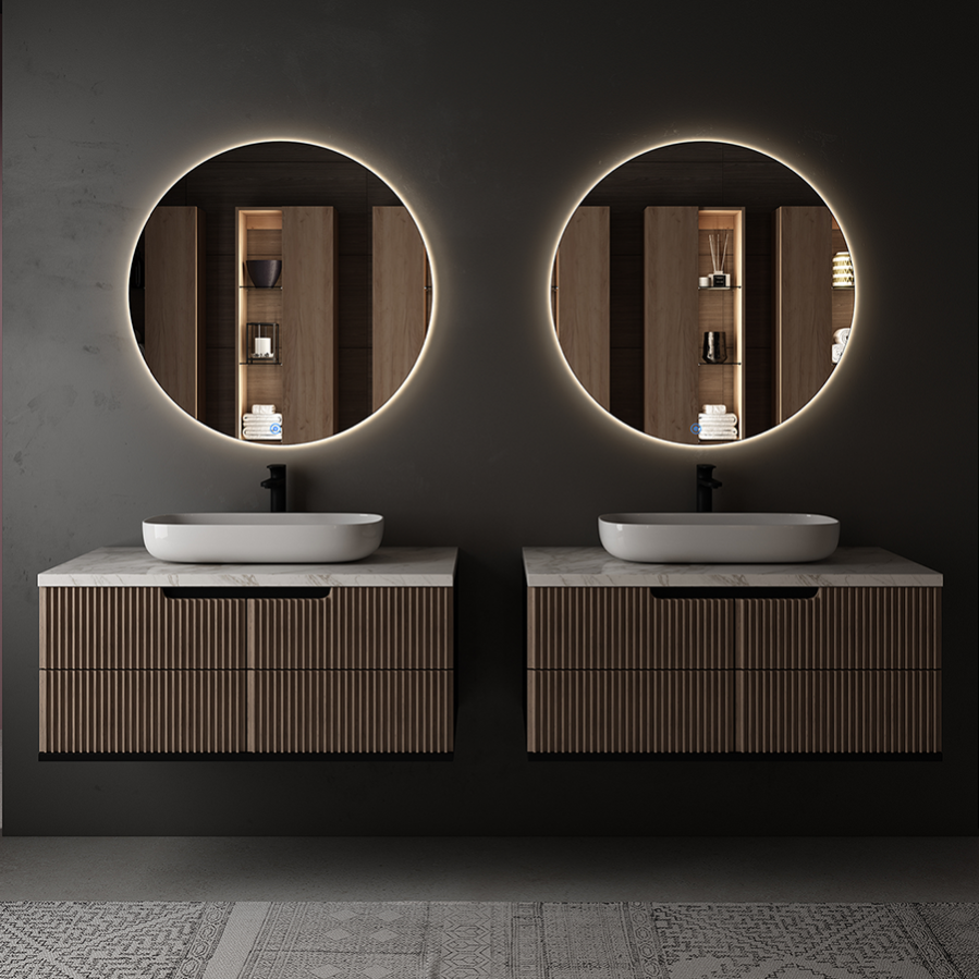 Meuble de salle de bain avec vasque à poser arrondie KING et miroir rond SOLEN - Roble (chêne clair) - 80cm 7