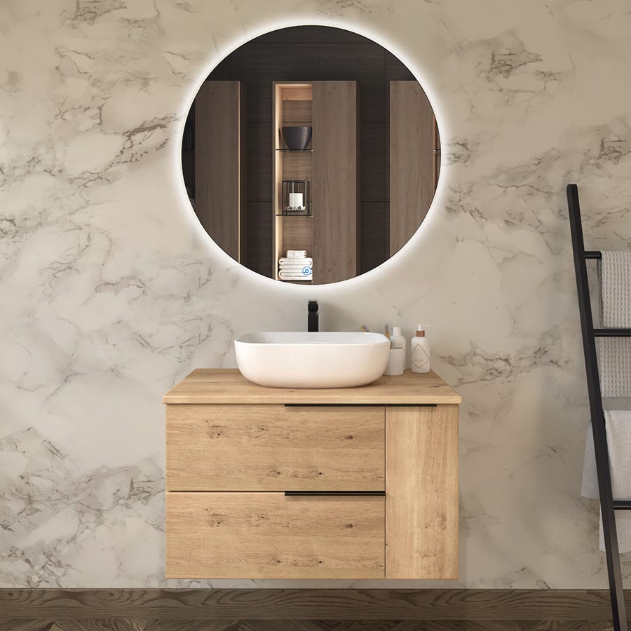 Meuble de salle de bain avec vasque à poser arrondie KING et miroir rond SOLEN - Roble (chêne clair) - 80cm 0