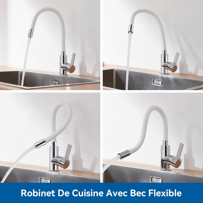 AuraLum Évier Cuisine 1 Bac 55*45CM Évier Encastré et à Poser avec Distributeur de Savon+Robinet Cuisine Flexible Bec Haut Orientable Librement Blanc 2