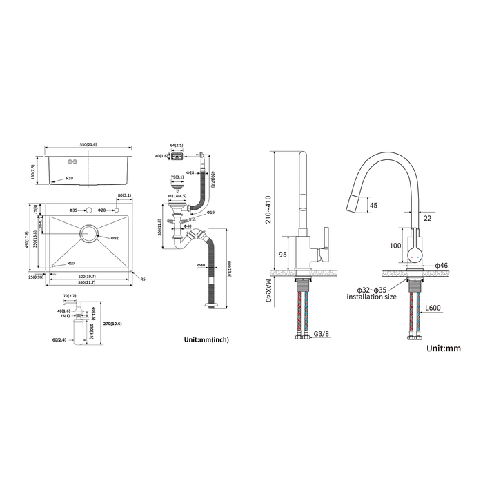 AuraLum Évier Cuisine 1 Bac 55*45CM Évier Encastré et à Poser avec Distributeur de Savon+Robinet de Cuisine Flexible Bec Haut Orientable 3