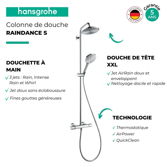 Colonne de douche thermostatique HANSGROHE Raindance S 240 chromée + nettoyant Briochin 2