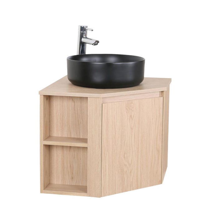 Meuble simple vasque d'angle décor chêne SORRENTO + vasque noire 1