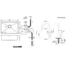 Évier Cuisine 1 Bac 70*44*19CM,à Encastrer/Fleur/Sous-Plan,avec Siphon/Trop-Plein,Brossé+Robinet Cuisine Douchette Extractible Gris Foncé 3