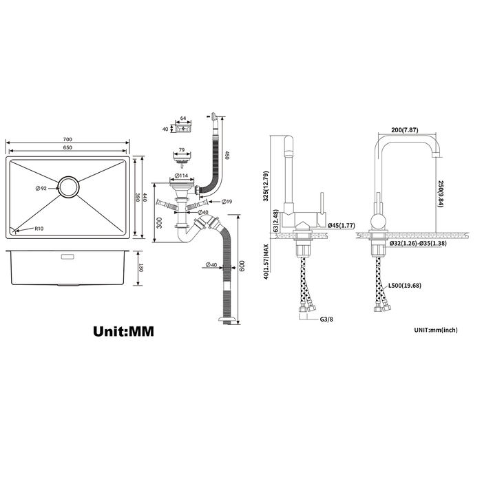 Évier Cuisine 1 Bac 70*44*19CM à Encastrer/Fleur/Sous-Plan,avec Siphon/Trop-Plein,+Robinet Cuisine Douchette Extractible Gris Foncé Rotatif 360 ° 2