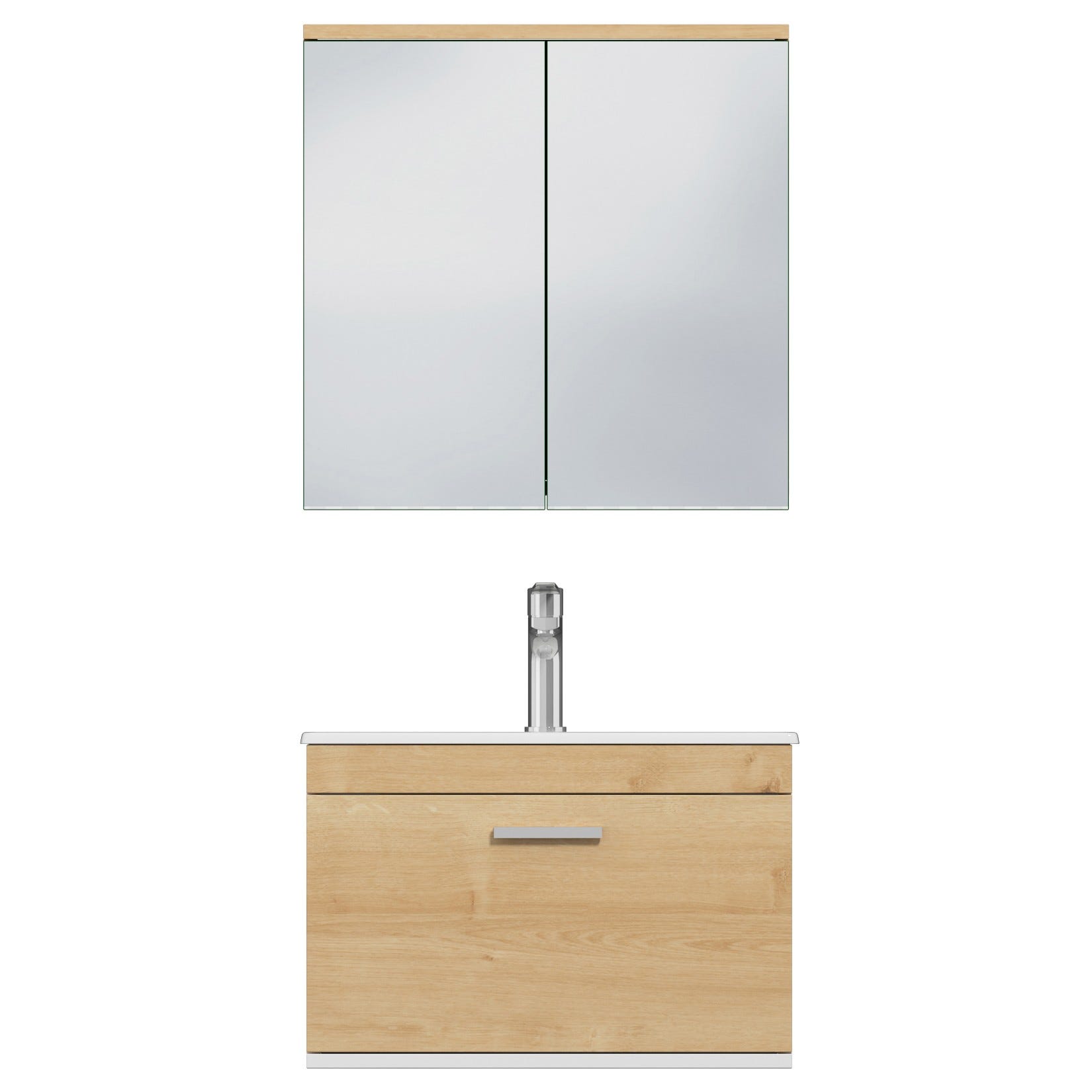 RUBITE Meuble salle de bain simple vasque 1 tiroir chêne clair largeur 60 cm + miroir armoire 4
