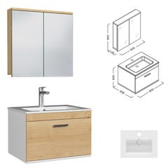RUBITE Meuble salle de bain simple vasque 1 tiroir chêne clair largeur 60 cm + miroir armoire 2