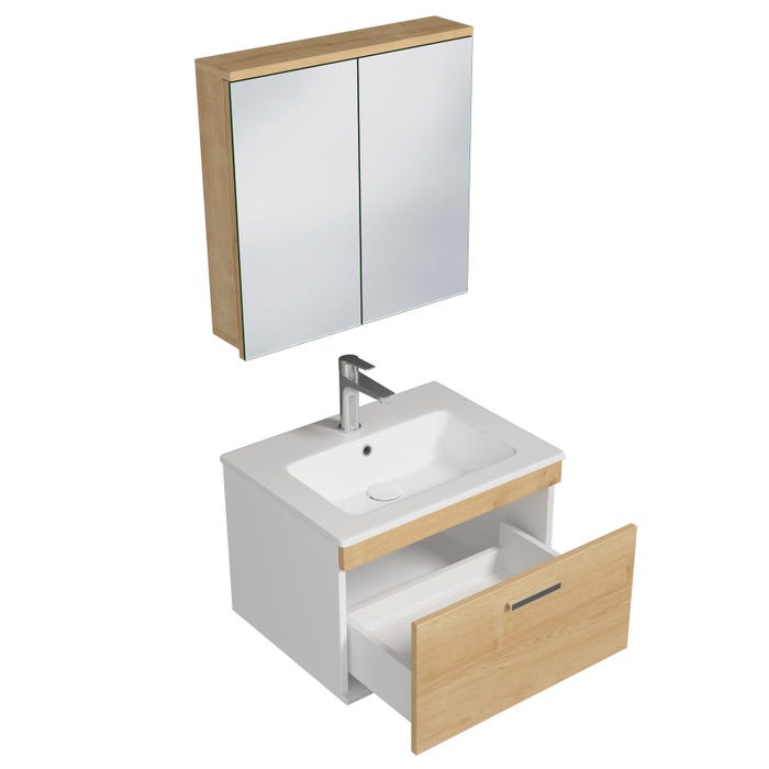 RUBITE Meuble salle de bain simple vasque 1 tiroir chêne clair largeur 60 cm + miroir armoire 1