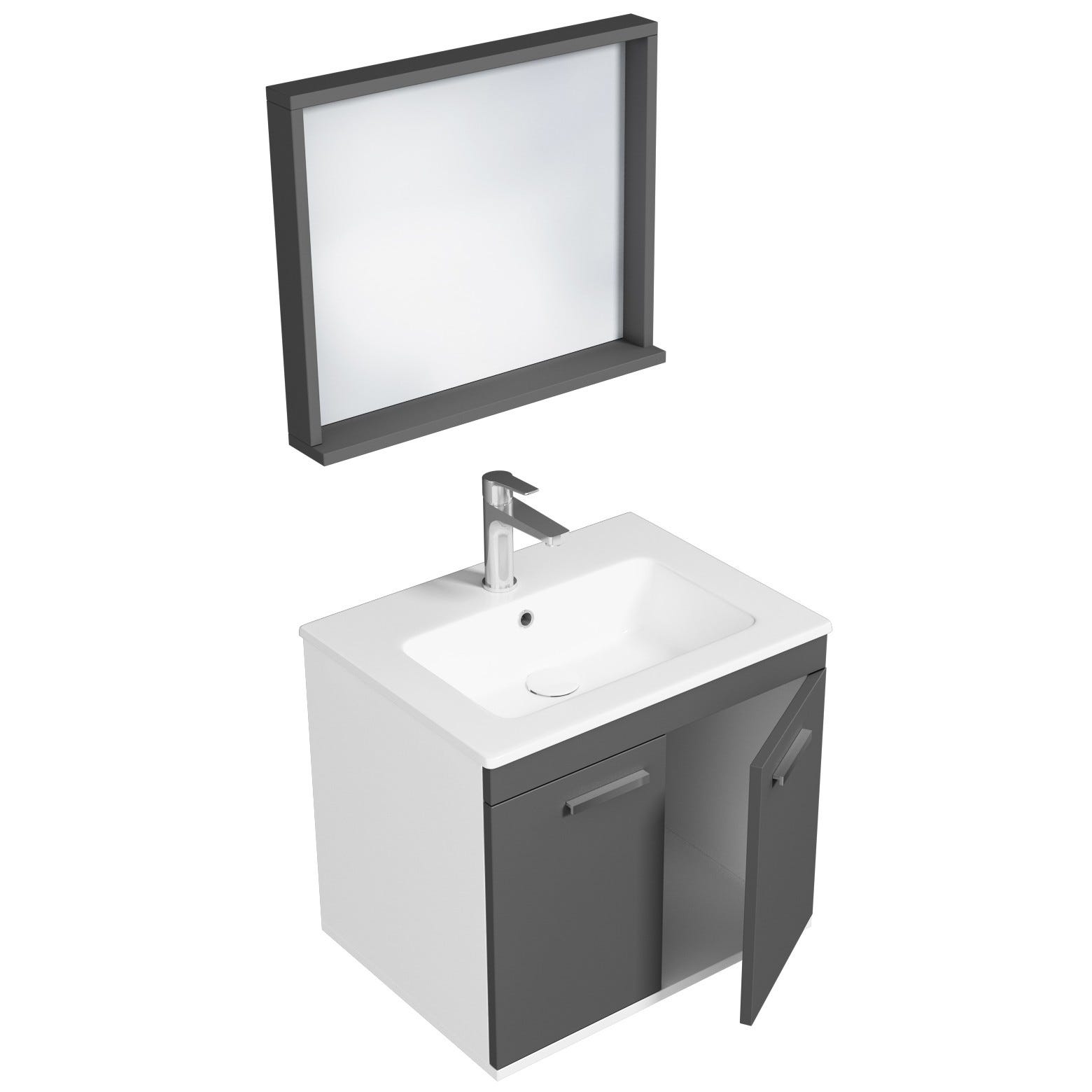 RUBITE Meuble salle de bain simple vasque 2 portes gris anthracite largeur 60 cm + miroir cadre 1