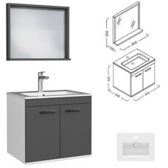 RUBITE Meuble salle de bain simple vasque 2 portes gris anthracite largeur 60 cm + miroir cadre 2