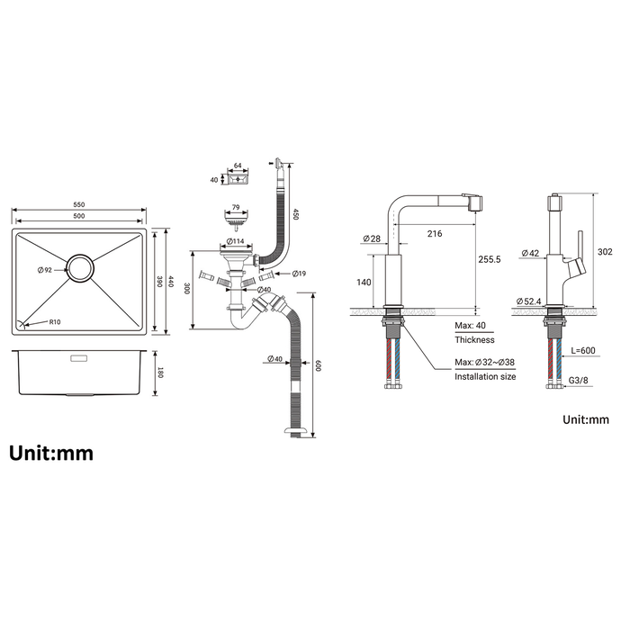 Auralum 2 en1 Évier de Cuisine 1 Bac 55*44*19CM, à Encastrer/Fleur/ Sous-Plan, Brossé+ + Robinet de Cuisine Inox Extractible Rotatif à 360 °, Noir 3