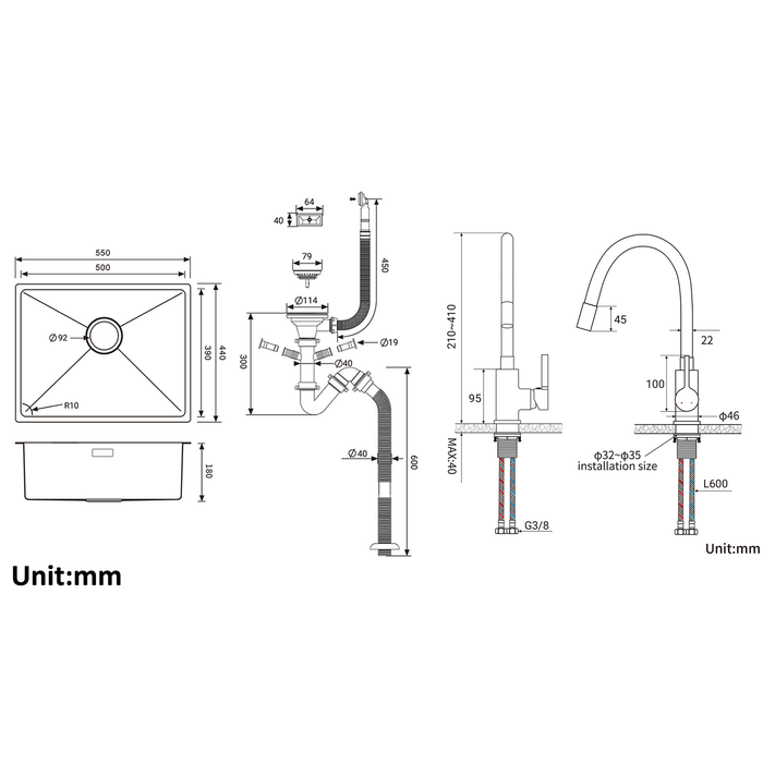 Auralum 2 en1 Évier de Cuisine 1 Bac 55*44*19CM, à Encastrer/Fleur/ Sous-Plan, Noir+Robinet de Cuisine Flexible Bec Haut Orientable 3