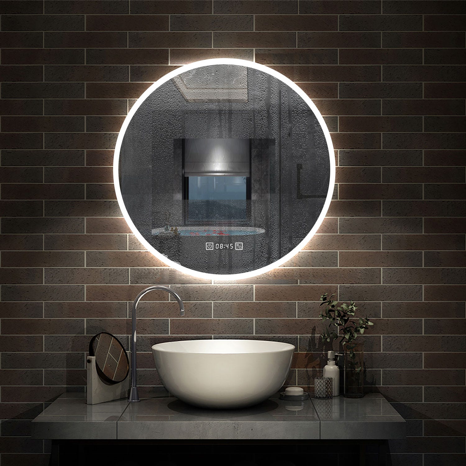 AICA Horloge tricolore LED miroir rond tactile anti-buée salle de bain miroir 70x70cm 0