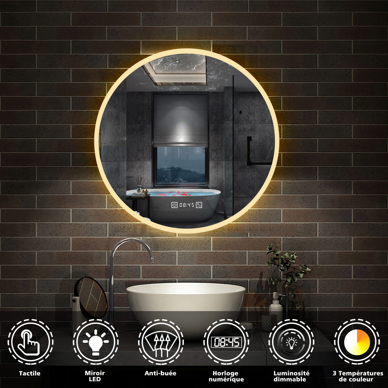 AICA Horloge tricolore LED miroir rond tactile anti-buée salle de bain miroir 70x70cm 1