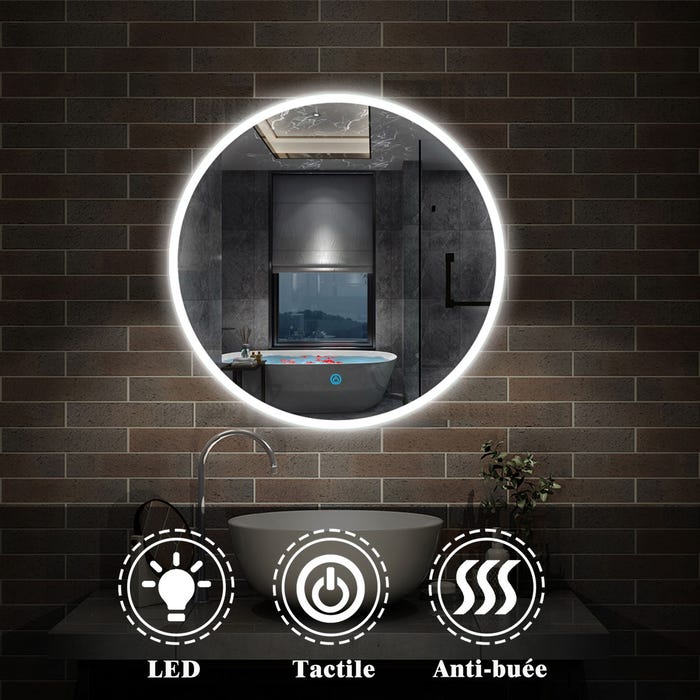 AICA LED miroir rond monochrome tactile anti-buée miroir de salle de bain 90x90cm 1
