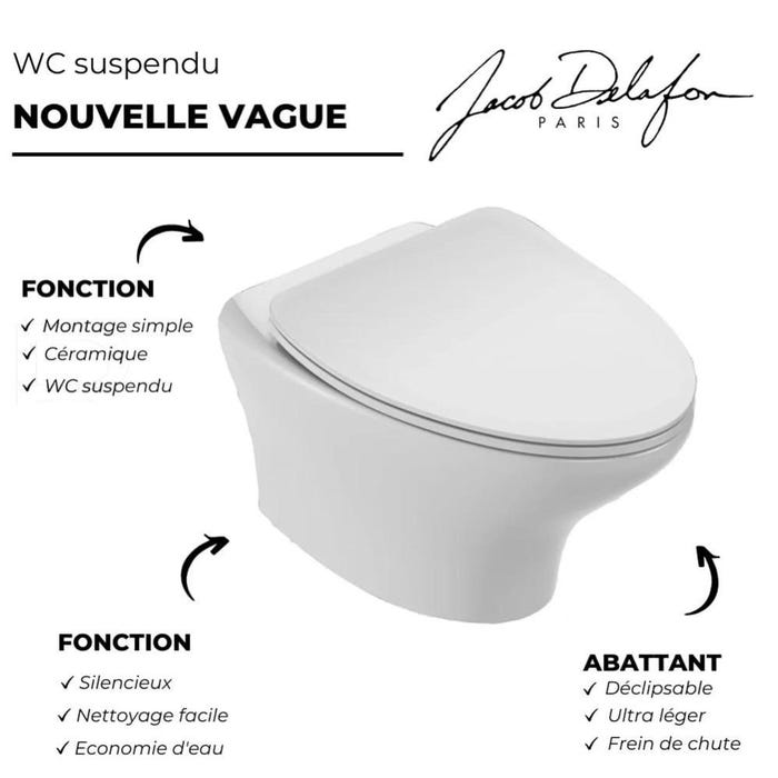 Pack WC suspendu sans bride JACOB DELAFON Nouvelle vague+ bâti-support + plaque Blanc brillant + accessoires 1
