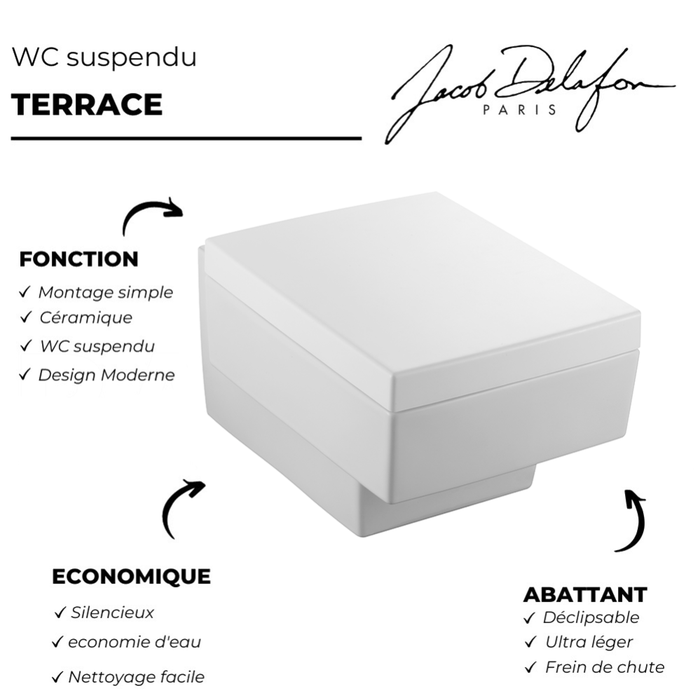 Pack WC suspendu sans bride JACOB DELAFON Terrace+ bâti-support + plaque Chrome brillant/Chrome mat + accessoires 2