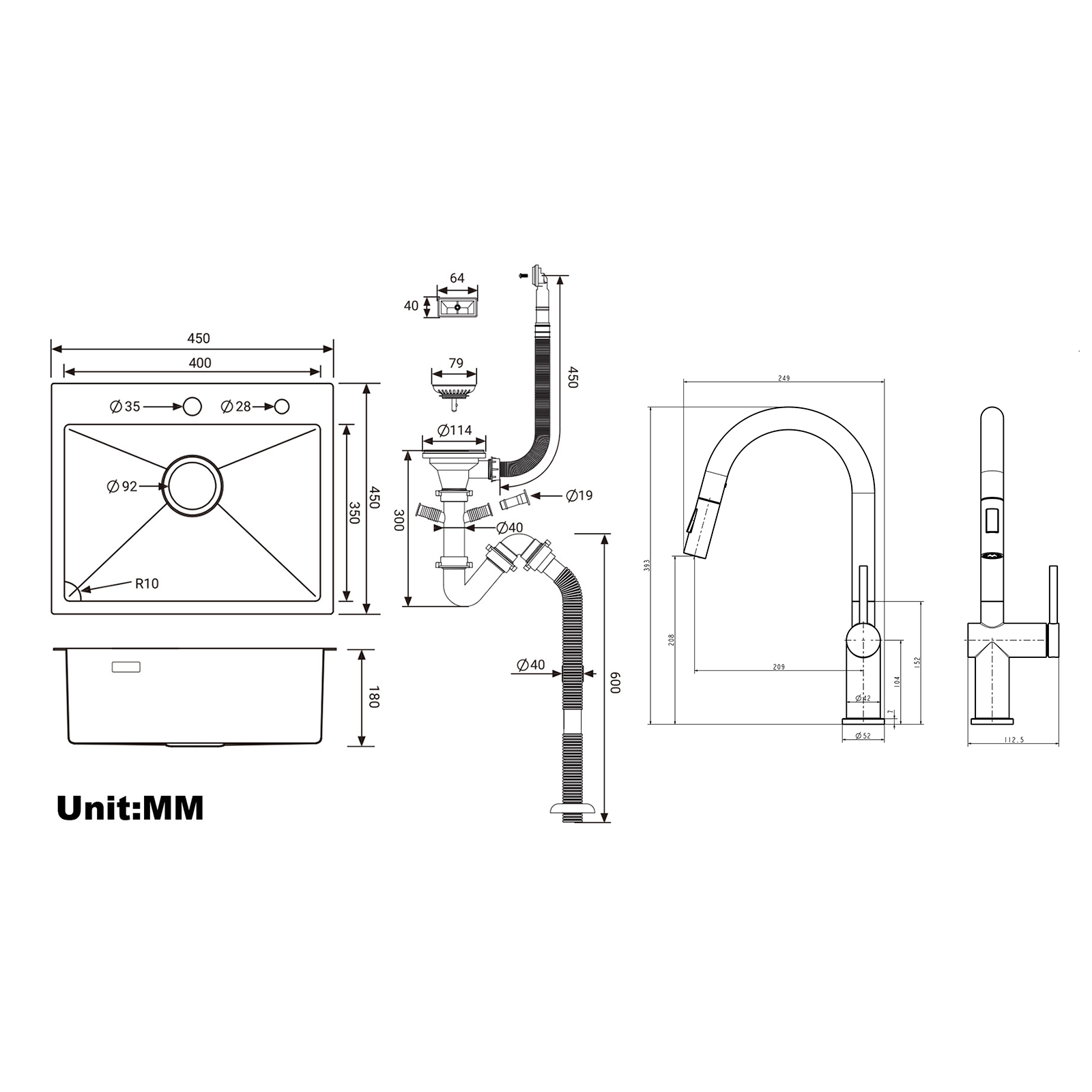 Auralum 2 en1 Évier de Cuisine 1 Bac 55*44*19CM,à Encastrer/Fleur/ Sous-Plan+robinet de cuisine rétractable à deux fonctions, Noir 3