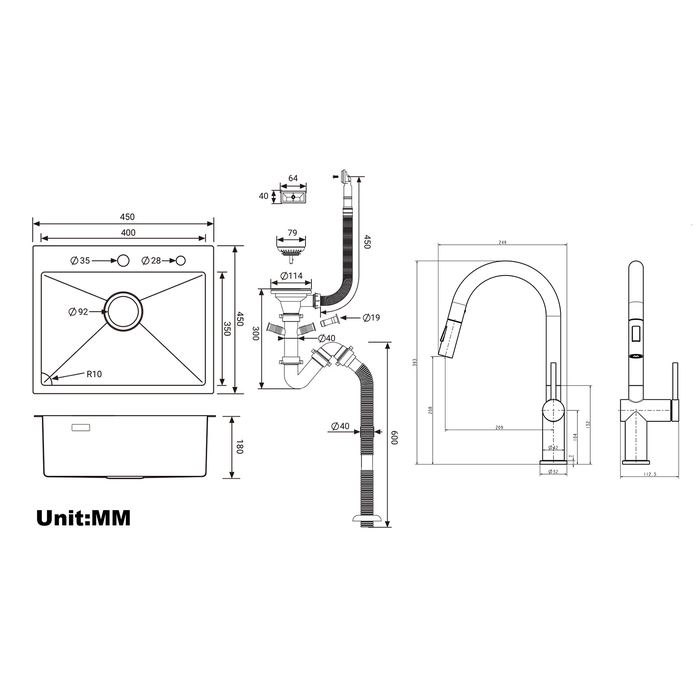 Auralum 2 en1 Évier de Cuisine 1 Bac 55*44*19CM,à Encastrer/Fleur/ Sous-Plan+robinet de cuisine rétractable à deux fonctions, Noir 3