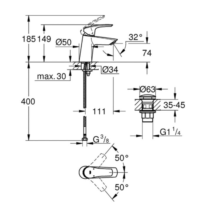 Grohe EUROSMART Mitigeur monocommande de lavabo Taille S, avec vidage, Chrome (23968003) 3