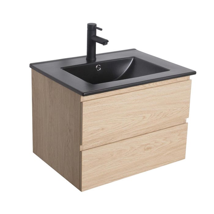 Meuble simple vasque 60cm SORRENTO décor chêne naturel + vasque noire +robinet 1