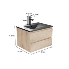 Meuble simple vasque 60cm SORRENTO décor chêne naturel + vasque noire +robinet 3