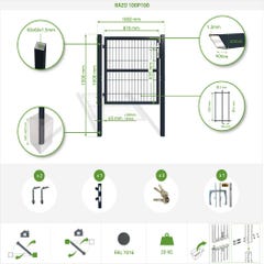 Portillon de jardin grillagé RAZO 1m x 1m en acier galvanisé GRIS avec serrure et poignée. Poteaux carrés à sceller ou visser sur platine 1