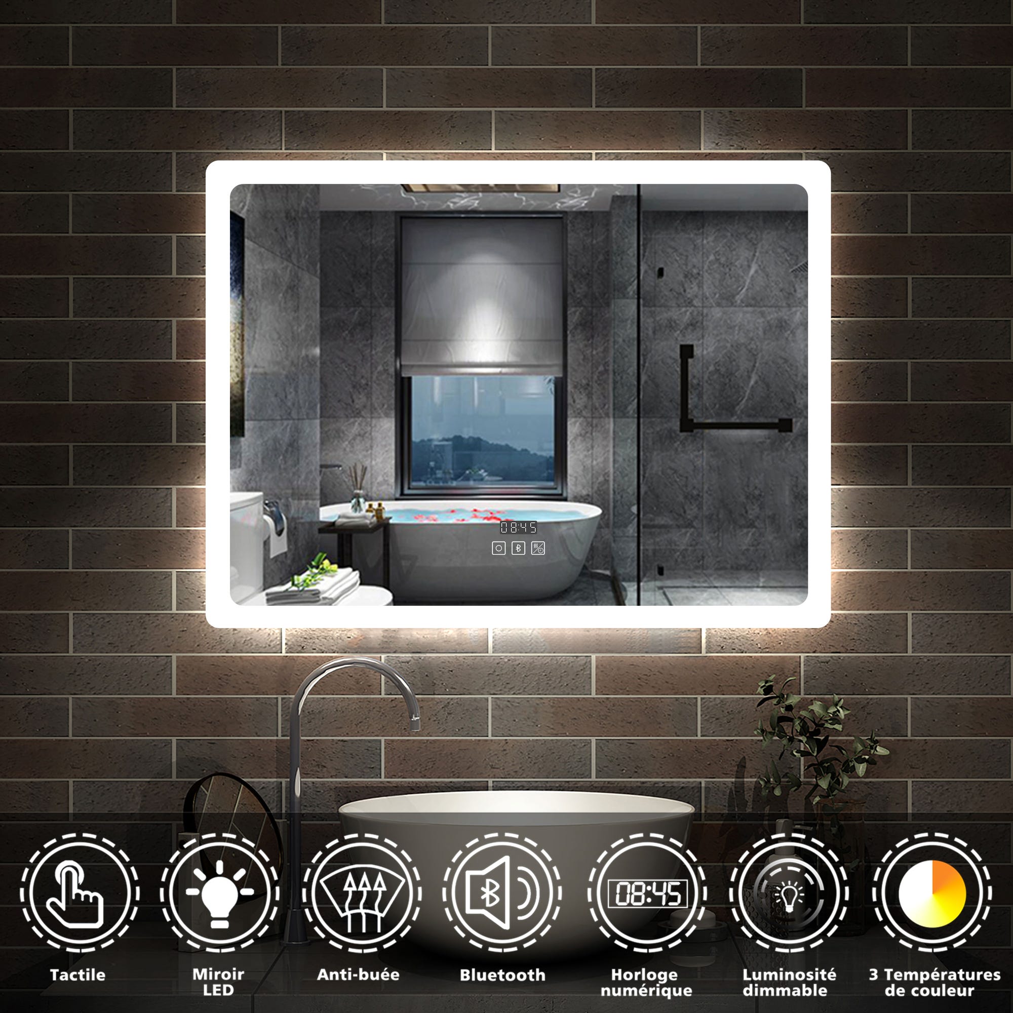 AICA Miroir lumineux tactile + Horloge + bluetooth + tricolore + anti-buée 100x60cm 1