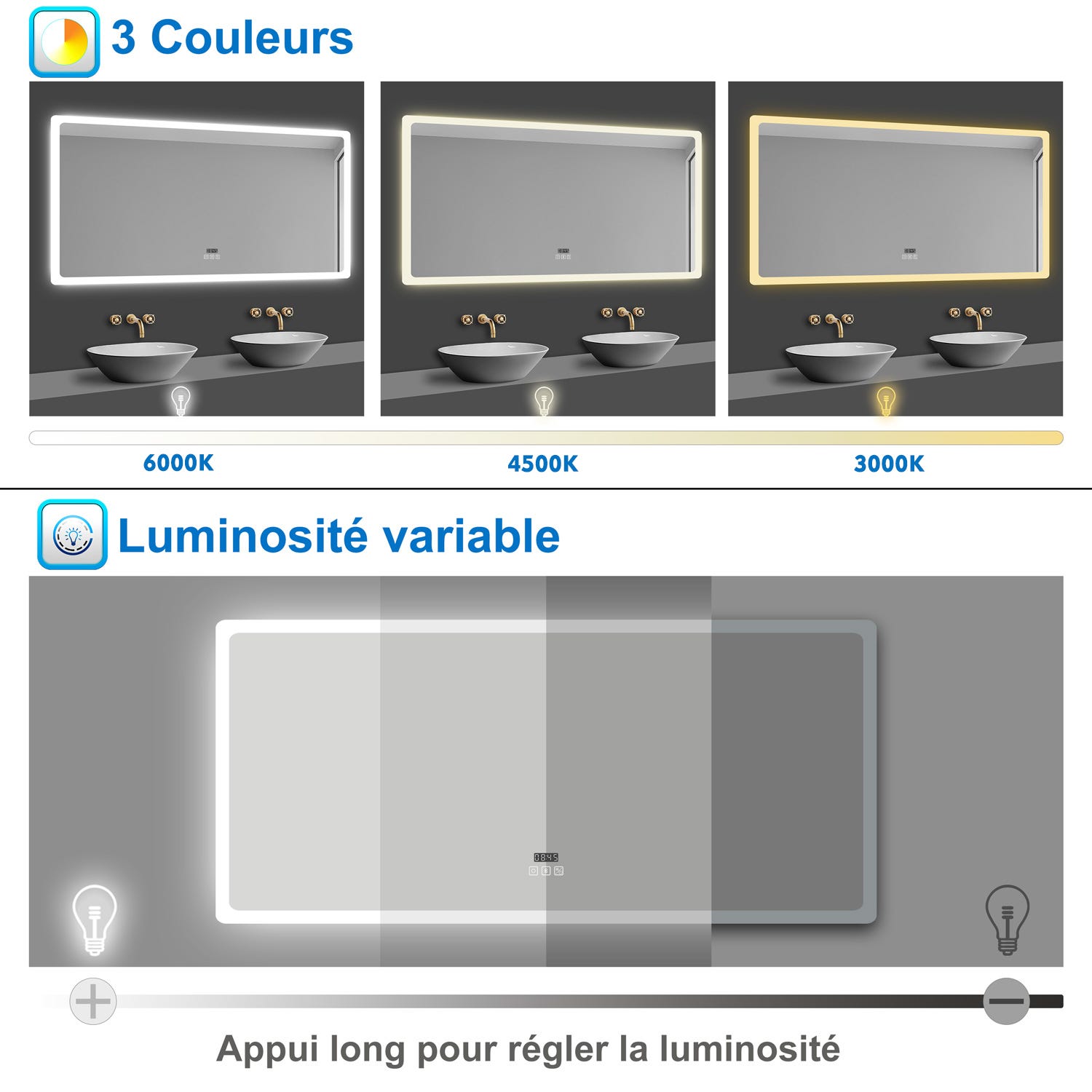 AICA Miroir lumineux tactile + Horloge + bluetooth + tricolore + anti-buée 140x80cm 3