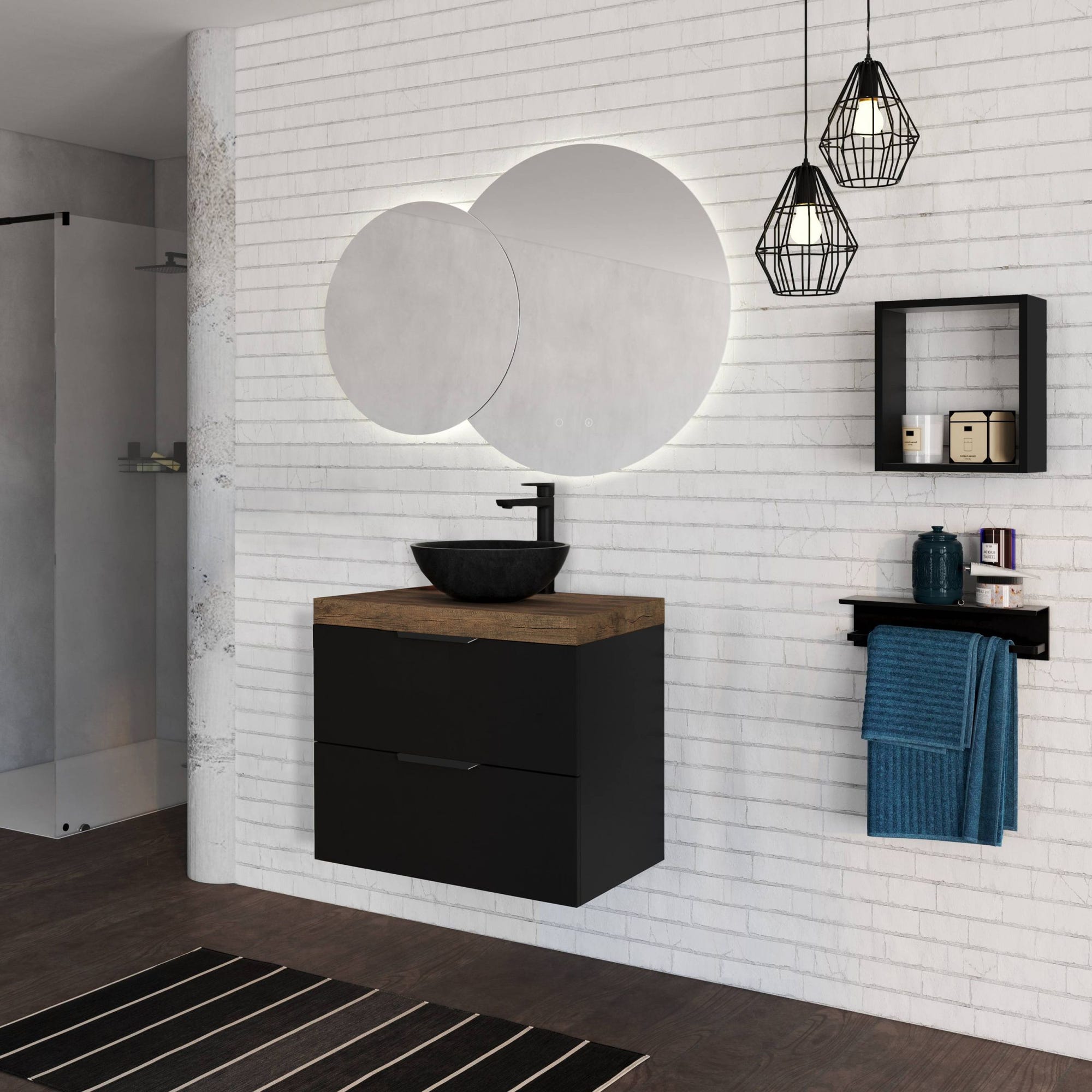 Meuble de salle de bain à suspendre Noir 80 cm avec rangement + plan vasque à poser PLAY 1