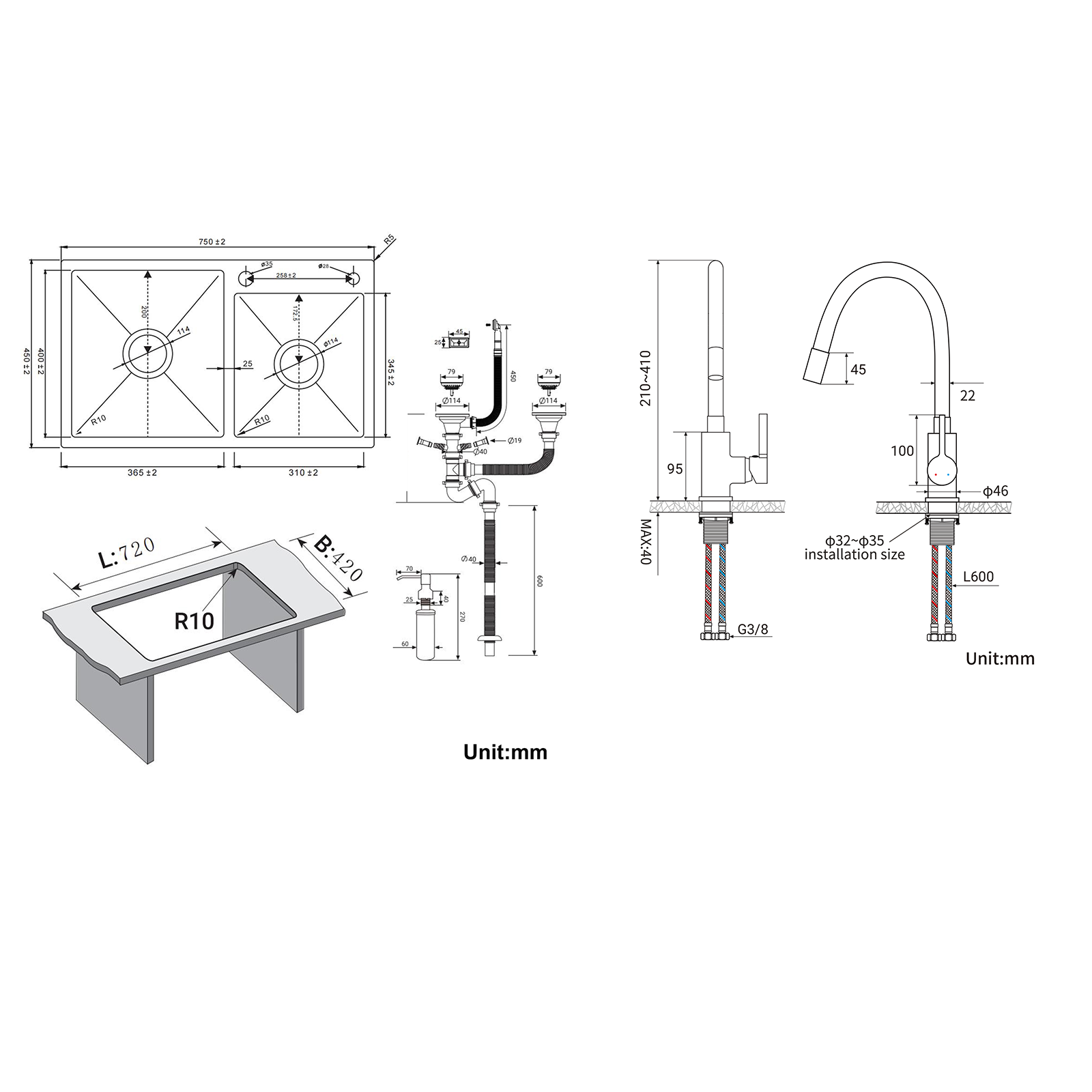 AuraLum 2 en 1 Évier de Cuisine 2 Bac 75x45x19cm,Encastré/ à Poser avec Distributeur de Savon+Robinet de Cuisine Flexible Bec Haut Orientable 3