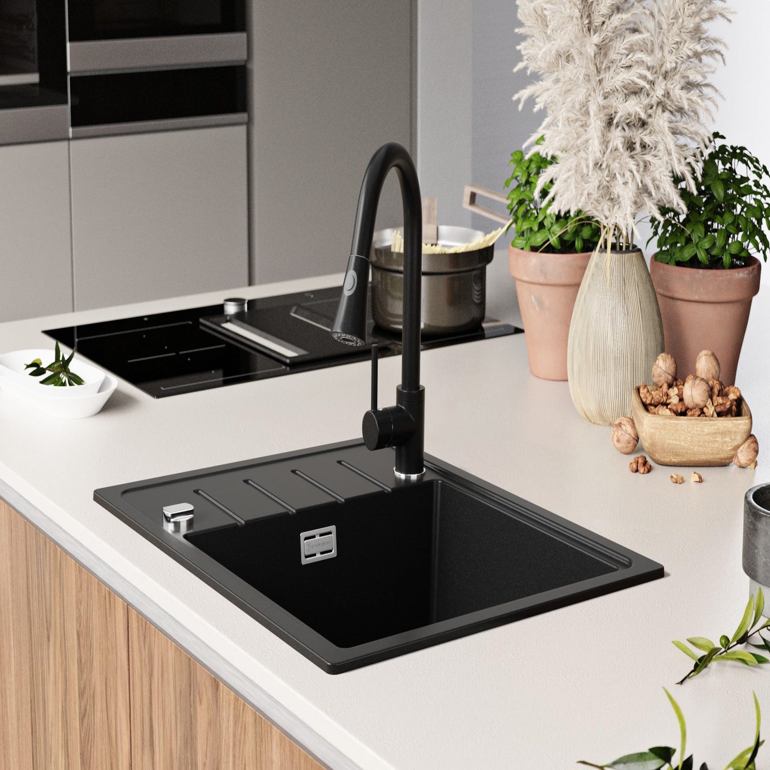 Evier Cuisine en Granit Tout Noir, 62 x 50 cm, Lavabo 1 bac + Kit de Vidage, Évier à Encastrer de Primagran 2