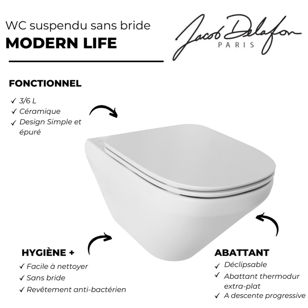 Pack WC suspendu sans bride JACOB DELAFON Modern Life + abattant + bâti-support + plaque ronde chromé 2