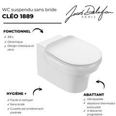 Pack WC suspendu sans bride à économie d'eau JACOB DELAFON Cléo 1889 + abattant + bâti-support + plaque ronde chromé 2
