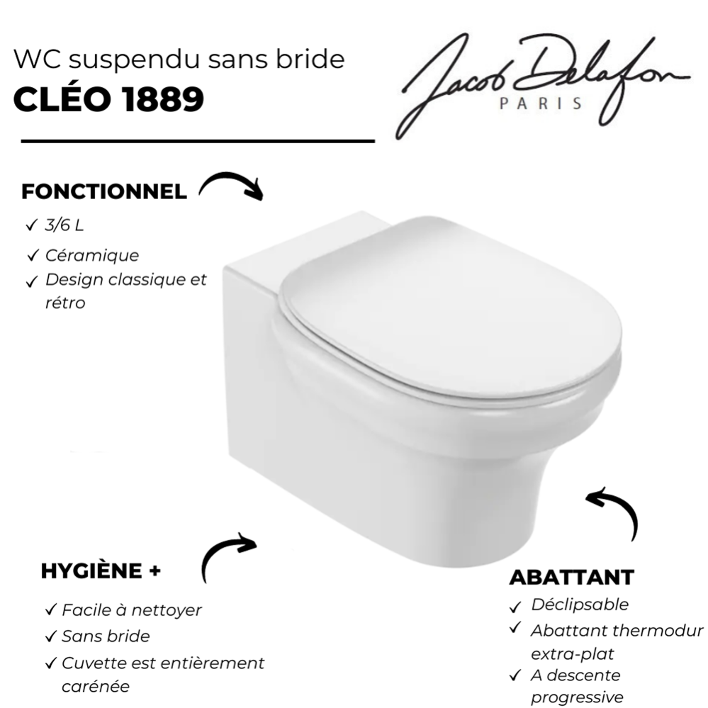 Pack WC suspendu sans bride à économie d'eau JACOB DELAFON Cléo 1889 + abattant + bâti-support + plaque ronde blanche 1