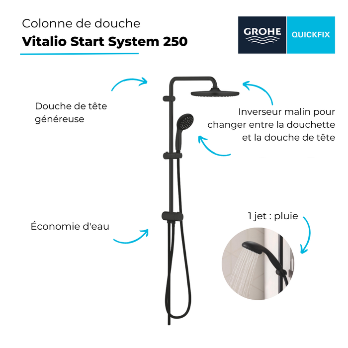 Colonne de douche GROHE Vitalio Start System 250 avec inverseur noir + Nettoyant GrohClean 1