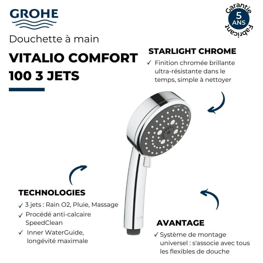 Pommeau de douche GROHE Quickfix Vitalio Comfort 100 3 jets + microfibre 1