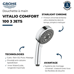 Pommeau de douche GROHE Quickfix Vitalio Comfort 100 3 jets + microfibre 1
