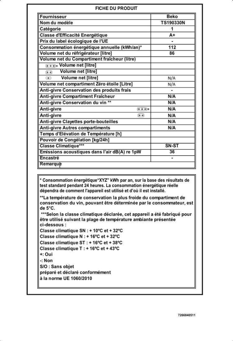 86L Froid Statique BEKO 47.5cm F, TS 190330 N | Bricoman