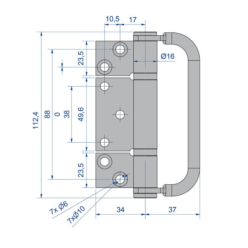 Charnière en INOX avec poignée axe de 10 mm dimension 68x112,4 mm 1