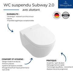 WC suspendu sans bride VILLEROY ET BOCH Subway 2.0 blanc alpin avec abattant 2