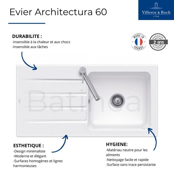 Evier 116 x 51 cm VILLEROY ET BOCH Architectura 8 Blanc + Robinet cuisine  GROHE Bauloop
