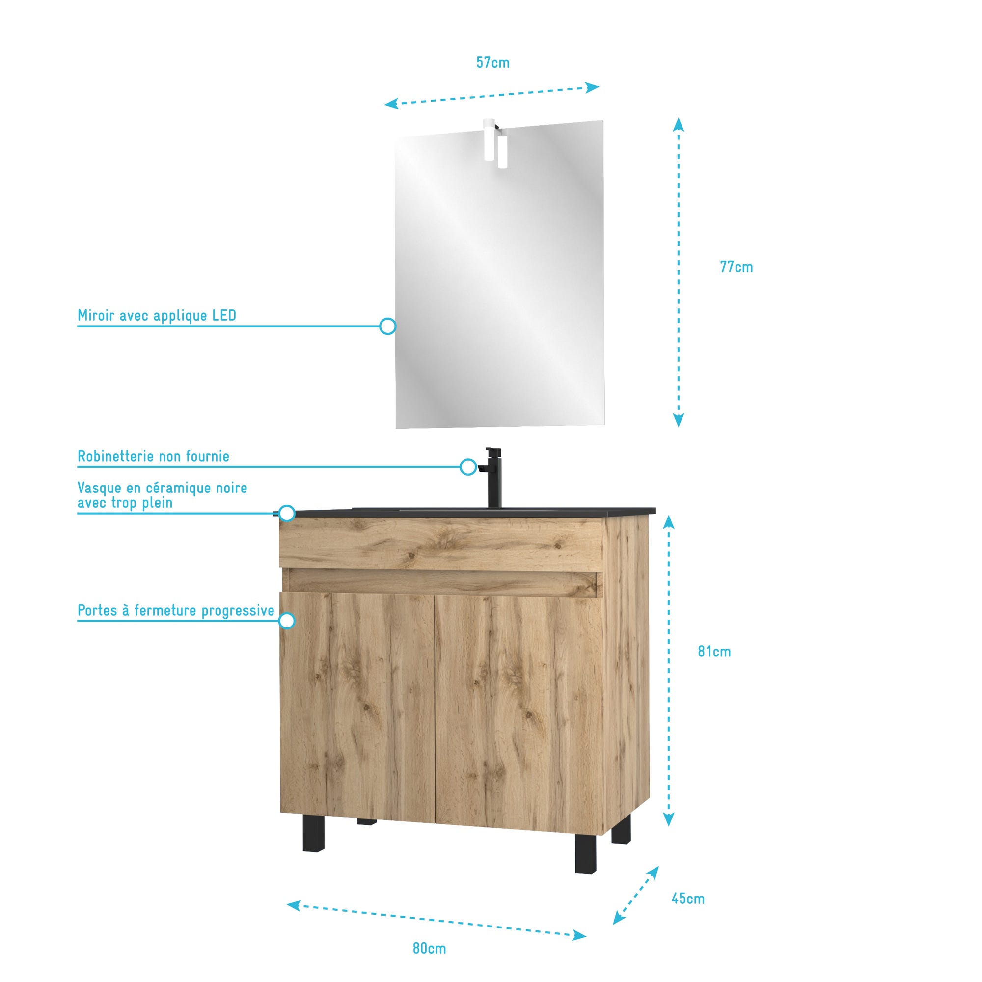 Pack Meuble SDB 80cm sur pieds 2 portes Chene_Vasque noire + Miroir Led - TIMBER 80_Pack23 3