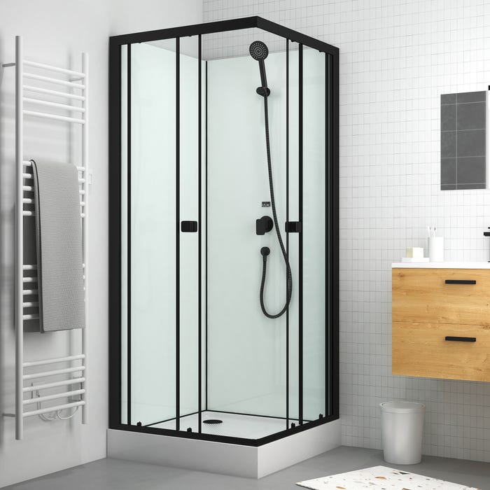 Cabine de douche carrée 80x80x200 cm - Portes coulissantes - Fonds Blancs & Profilés Noir Mat 0