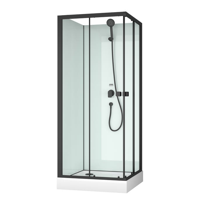Cabine de douche carrée 80x80x200 cm - Portes coulissantes - Fonds Blancs & Profilés Noir Mat 2