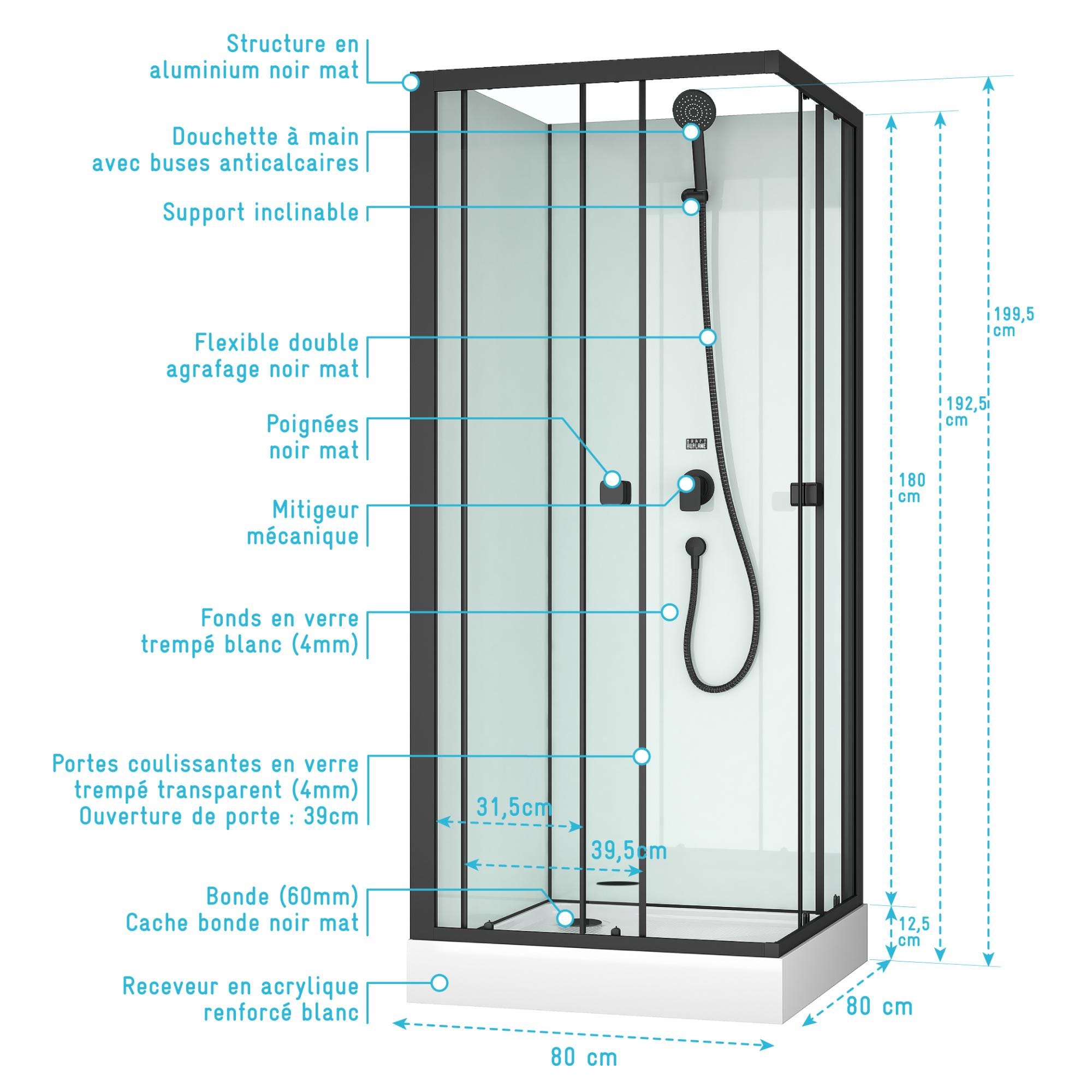 Cabine de douche carrée 80x80x200 cm - Portes coulissantes - Fonds Blancs & Profilés Noir Mat 3