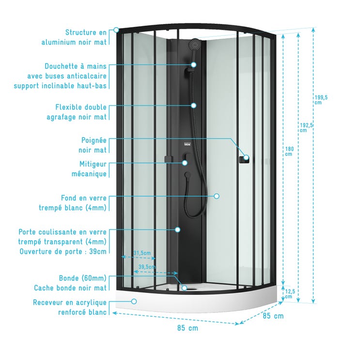 Cabine de douche 1/4 de cercle 85x85x200 cm - Portes coulissantes - Fonds Blancs & Profilés Noir Mat 3