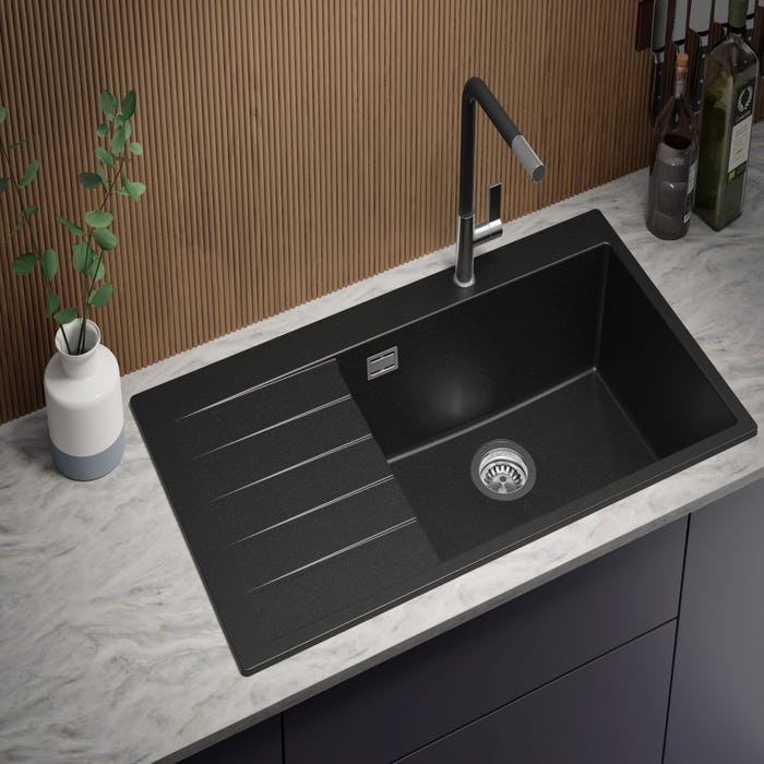 Évier Cusine en Granit Noir 90x50 cm, Lavabo Cuisine 1 Bac + Kit de Vidage + Robinet, Évier au meuble 60cm, Évier à Encastrer de Primagran 1