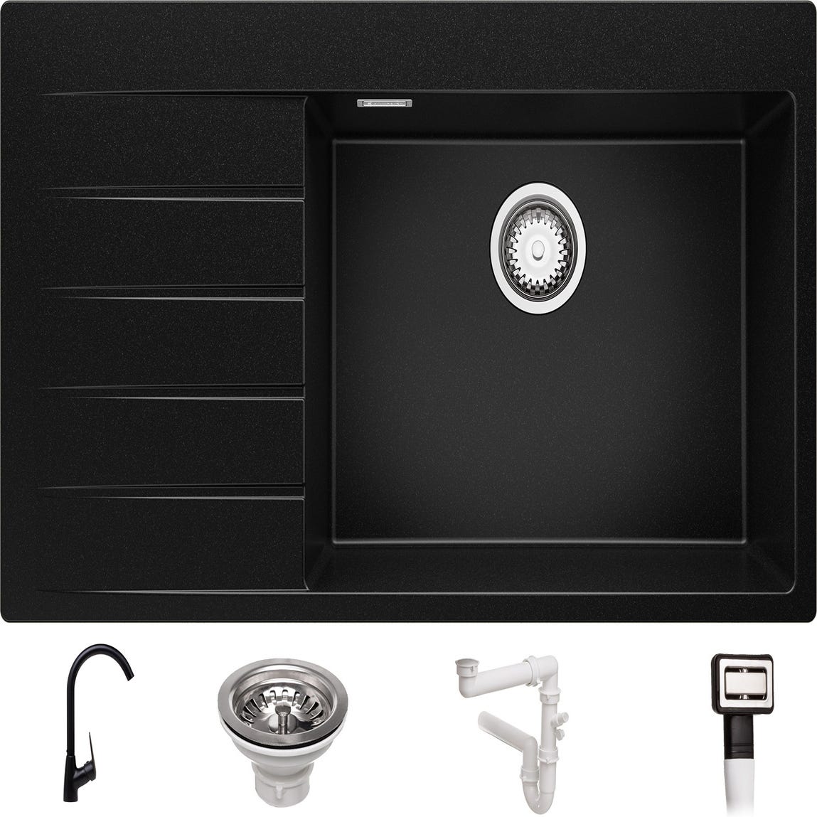 Évier Cusine en Granit Noir 90x50 cm, Lavabo Cuisine 1 Bac + Kit de Vidage + Robinet, Évier au meuble 60cm, Évier à Encastrer de Primagran 0