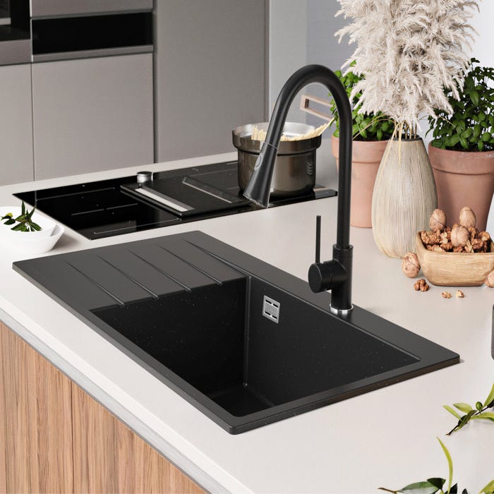 Évier Cusine en Granit Moir Metallic 90x50 cm, Lavabo Cuisine 1 Bac + Kit de Vidage, Évier au meuble 60cm, Évier à Encastrer de Primagran 7